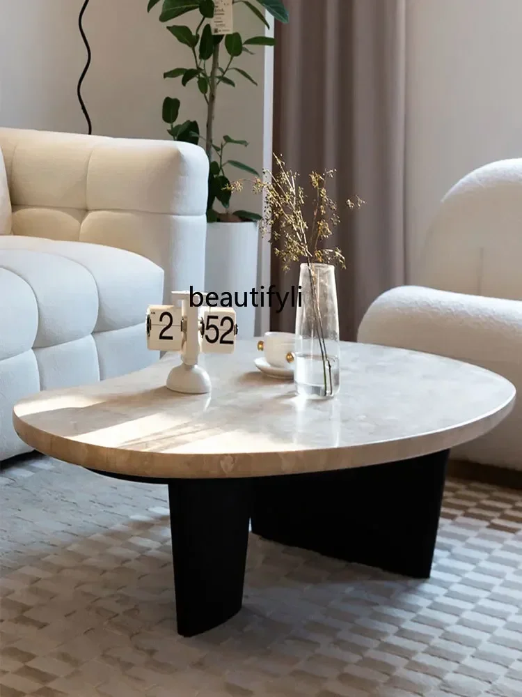 

01 Italian Minimalist Natural Cave Stone Coffee Table Nordic Solid Wood Shaped Mid-Ancient Silent Style Living Room furniture