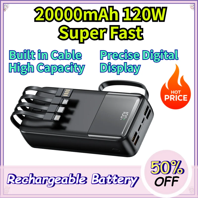 20W Fast Charging 20000mAh Power Bank with Built in Cable High Capacity Portable Charger for iPhone Samsung