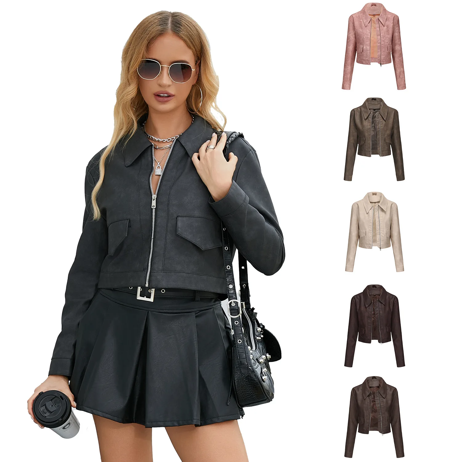 New Spring Autumn Thin Short PU Leather Jacket Women Lapel Short Sleeve Casual Fashion Coats Ladies PU-052