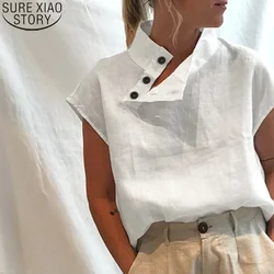 Cotton Linen Shirts Fashion Oversized Blouses Women Short Sleeve Blusas 2024 Summer Casual Loose Camisas Solid Tunic Tops 18898