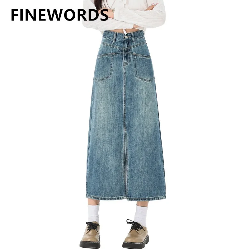 

FINEWORDS Vintage y2k Denim Long Skirt Women Korean Streetwear High Waist Jeans Skirt Washed Blue Split Straight Casual Skirt