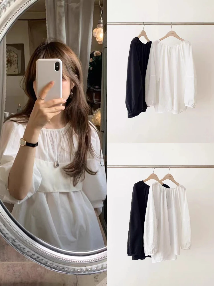 

Loose Long Sve Women's Bubble Sve irt round Ne Pullover Slimming Simple Sle Dongda Gate OUCE Casual Faion Top