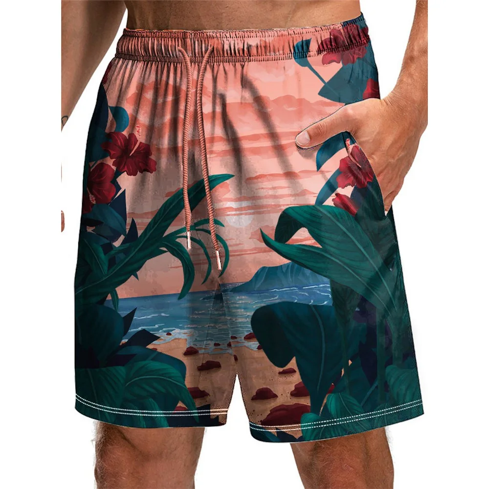 HX Fashion Men's Shorts Hawaiian Tropical Plant Island 3D Printed Board Shorts Polyester Casual Pockets Pants Sportswear