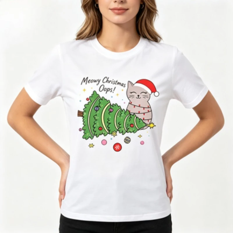 Women Round‑neck Cotton T‑Shirt Cute Santa Hat Cat Fallen Christmas Tree Graphic Print Holiday Casual Short‑sleeve Ladies Tops