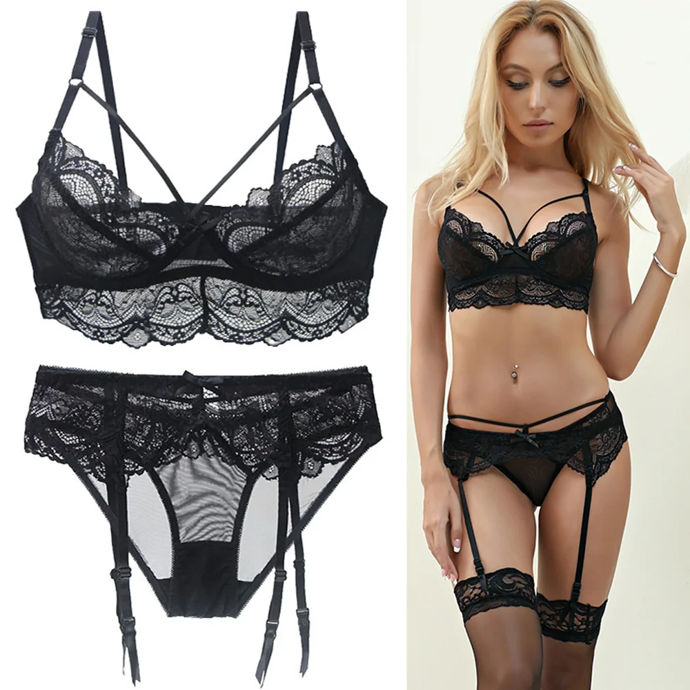 BCHRAYIUP Ladies 3 Piece Underwire Non Padded Floral Sheer Lace Lingerie Bra Panties Sets 34 36 38 40 42 44 A B C D E