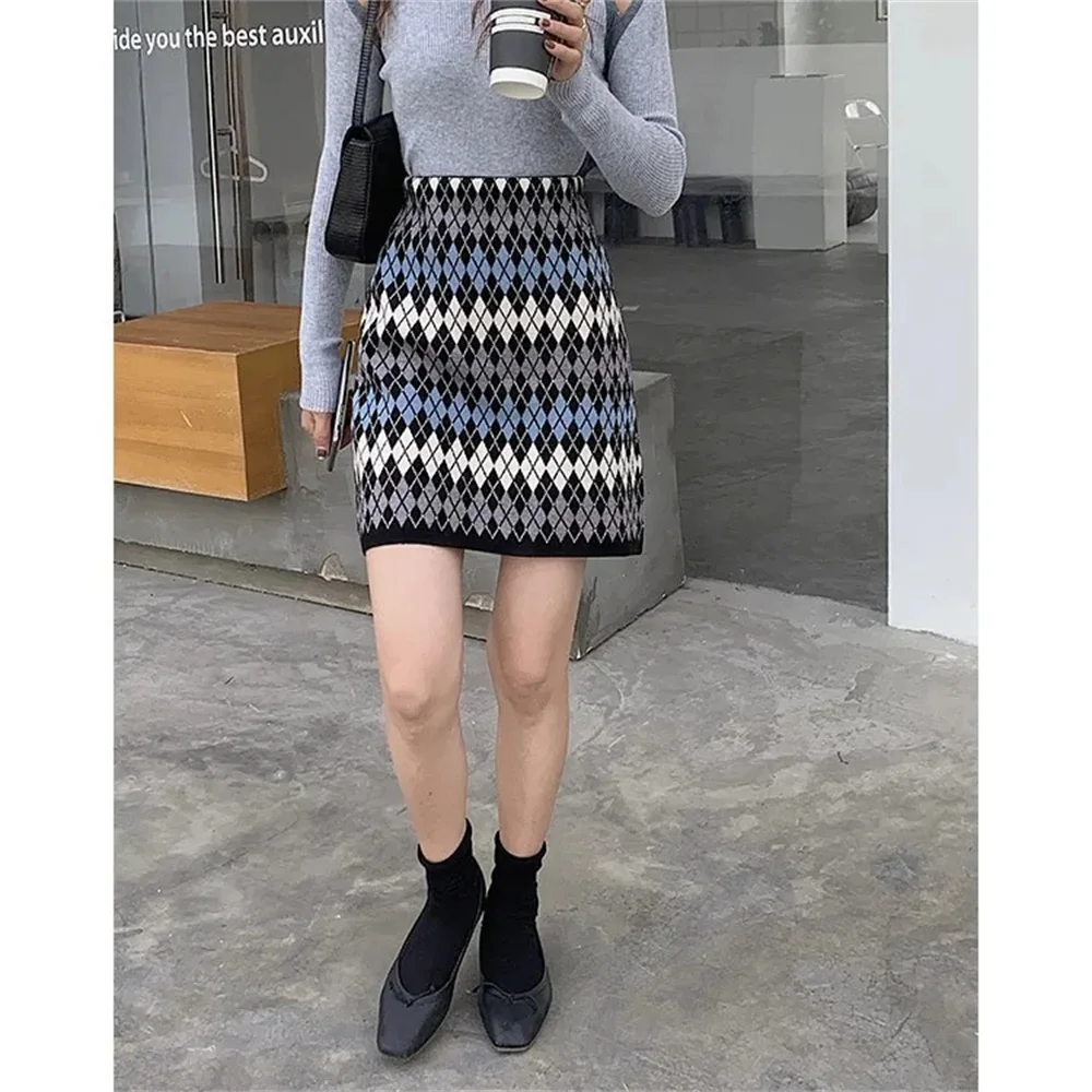 

Women Jacquard Knitting Plaid Skirt Streetwear Slim A-line Skirt High Waist Harajuku Lattice Skirts women's skirts trend 2023