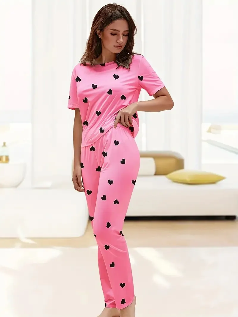 New style women\'s pajamas short sleeve shirt trousers heart pattern casual elegant two-piece home decoration