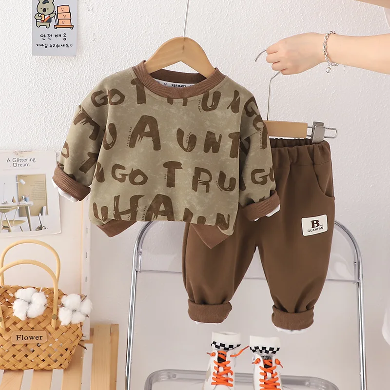 Spring Autumn 2024 Children Boys 2PCS Clothes Set Letter Printed Pullovers Solid Sticker Pants Suit Toddler Boys Outfits