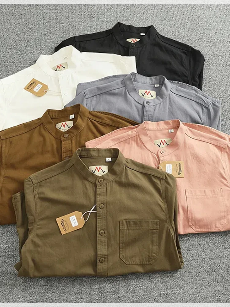2024 Autumn New American Retro Long Sleeve Stand Collar Solid Color Shirt Men\'s Simple 100% Cotton Washed Pocket Casual Blouses