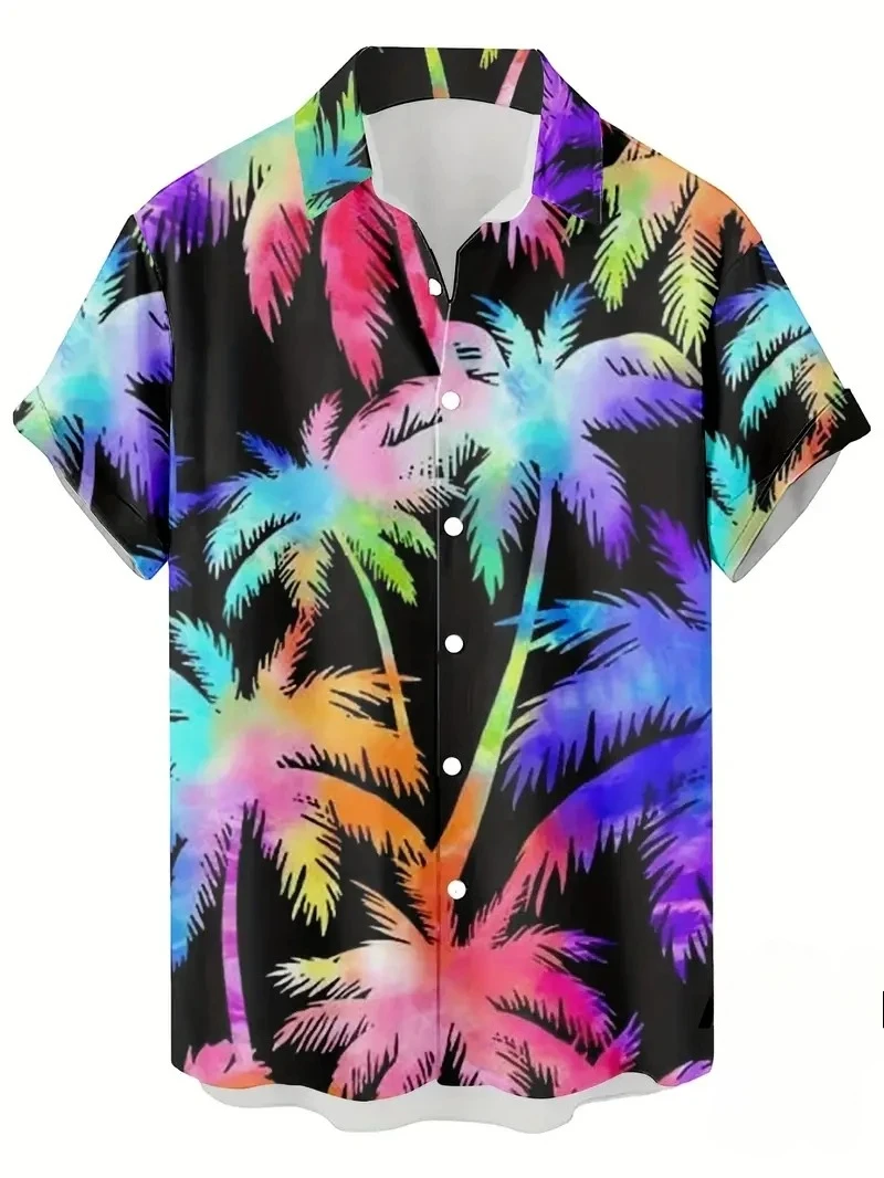 

Neon Psychedelic Coconut Tree Printed Hawaiian Shirt for Men Women Summer Street Walk Tourist Beach Short Sleeve Button Shirts