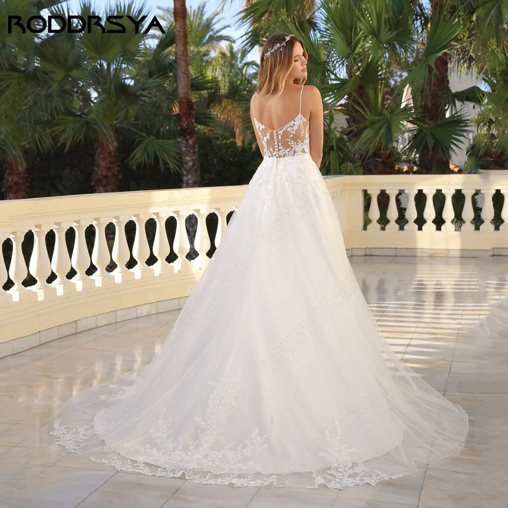 RODDRSYA Princess Lace Wedding Dress 2024 Spaghetti Straps A-Line Bride Gowns V-Neck Tulle Illusion Applique suknia ślubna