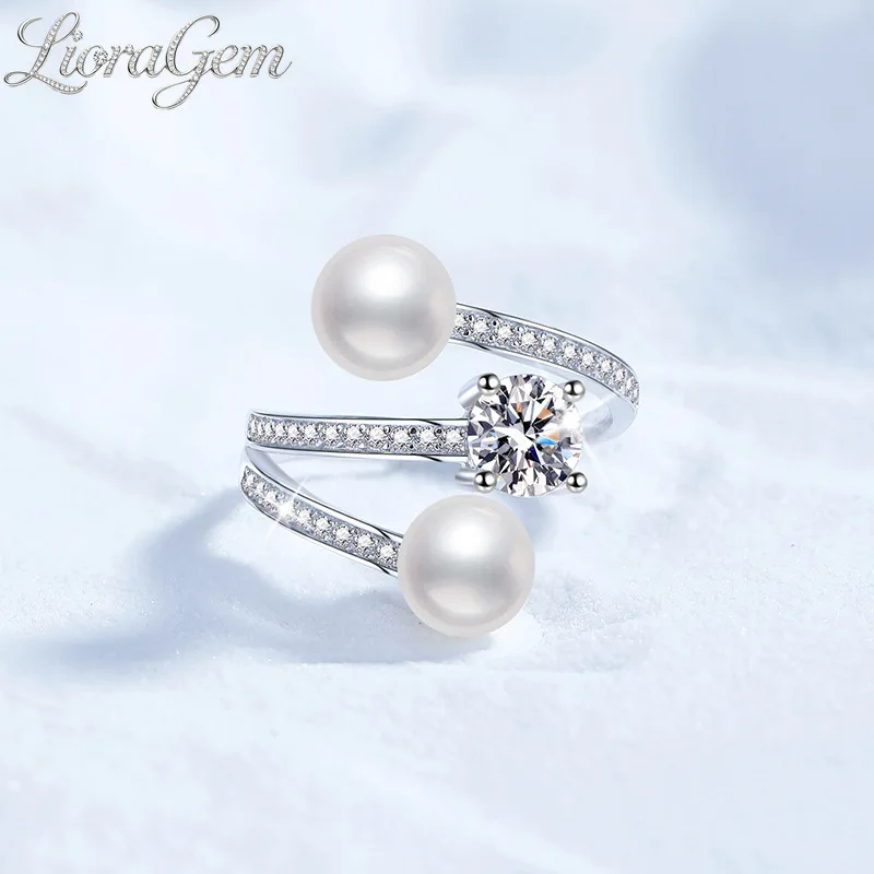 LioraGem Natural Freshwater Pearl Diamond-studded Ring for Women, 1-carat Moissanite Adjustable Ring Platinum PT950 Stamp