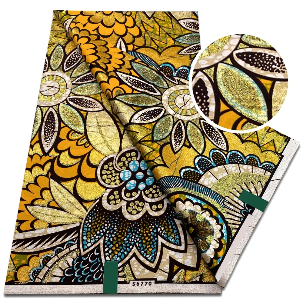 

Новинка 2025, африканская ткань Grand Golden Wax, высококачественная блестящая ткань, мягкая вспышка, золотой принт, батик, Анкара, блестящий золотой воск