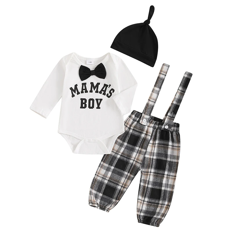 

Newborn Baby Boy Gentleman Suit 0-18M Toddler Infant Boys Fall Winter Outfit Letter Prit Long Sleeve Rompers With Bow Tie and