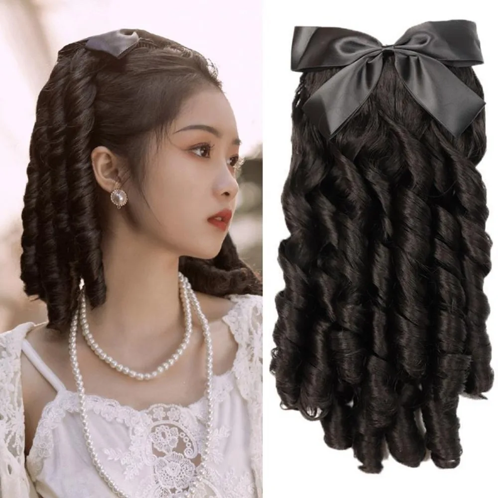 Perruque Hanfu Vintage Republic-Era-Tresse royale bouclée avec nœud et rouleau romain, postiche de princesse rétro historique, ensemble de cheveux chinois