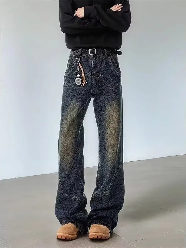 Retro Gradient Blue Men's Spring Autumn Style Bell Bottom Jeans American High Street Knife  Patchwork Straight Leg Trousers