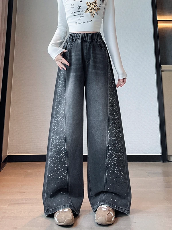 Authentic High Waist Wide Leg Jeans Loose Fit Glittering Diamond Casual Pants for Women Straight Cut Floor-Length Slimming