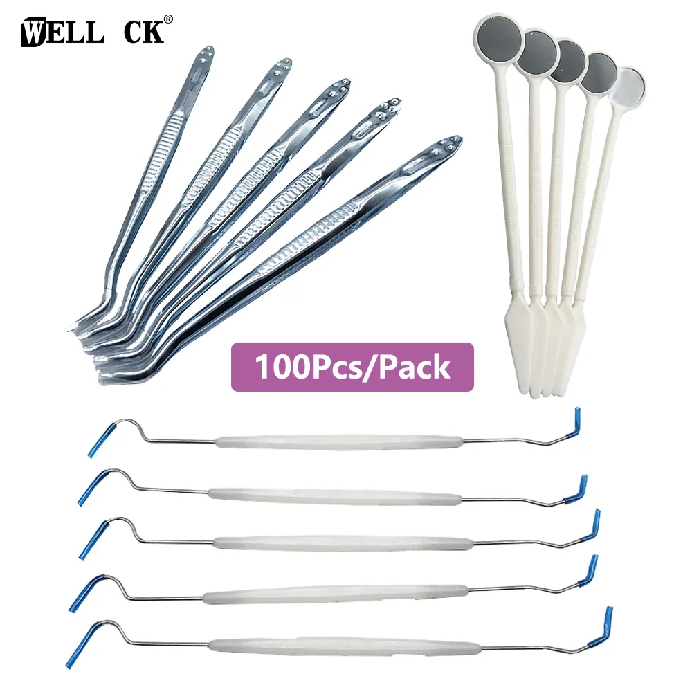 WellCK 100pcs Dental Reflector Mirror Dental Dentist Prepared Tool Set Probe Tooth Care Kit Instrument Tweezer Hoe Sickle Scaler