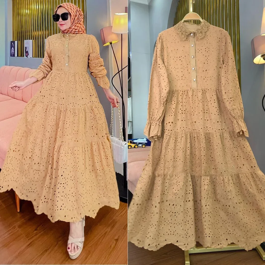 Solid Women Dress Women Indonesian Muslim Abayas Embroidered Hollow Out Lace Dress Fashion Turn Down Collar Lantern Sleeve Robe