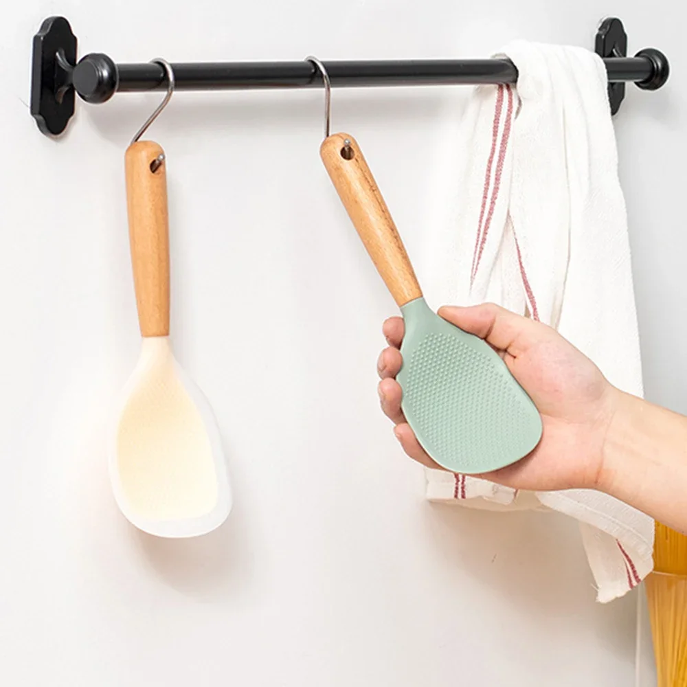 1Pc Siliconen Lepel Met Houten Handvat Non-stick Spatel Voor Pot Warmte-isolatie Hittebestendige Lepel Voor Rijstkoker voor Thuis