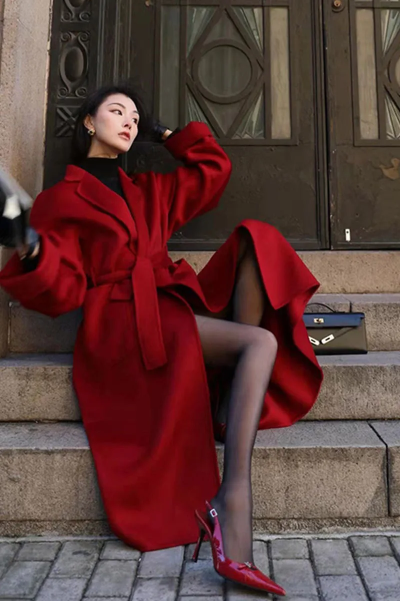 

Шерстяное пальто-кейп для женщин, красное, для свадебных торжеств, длинное, с одной пуговицей, для офиса и повседневной носки