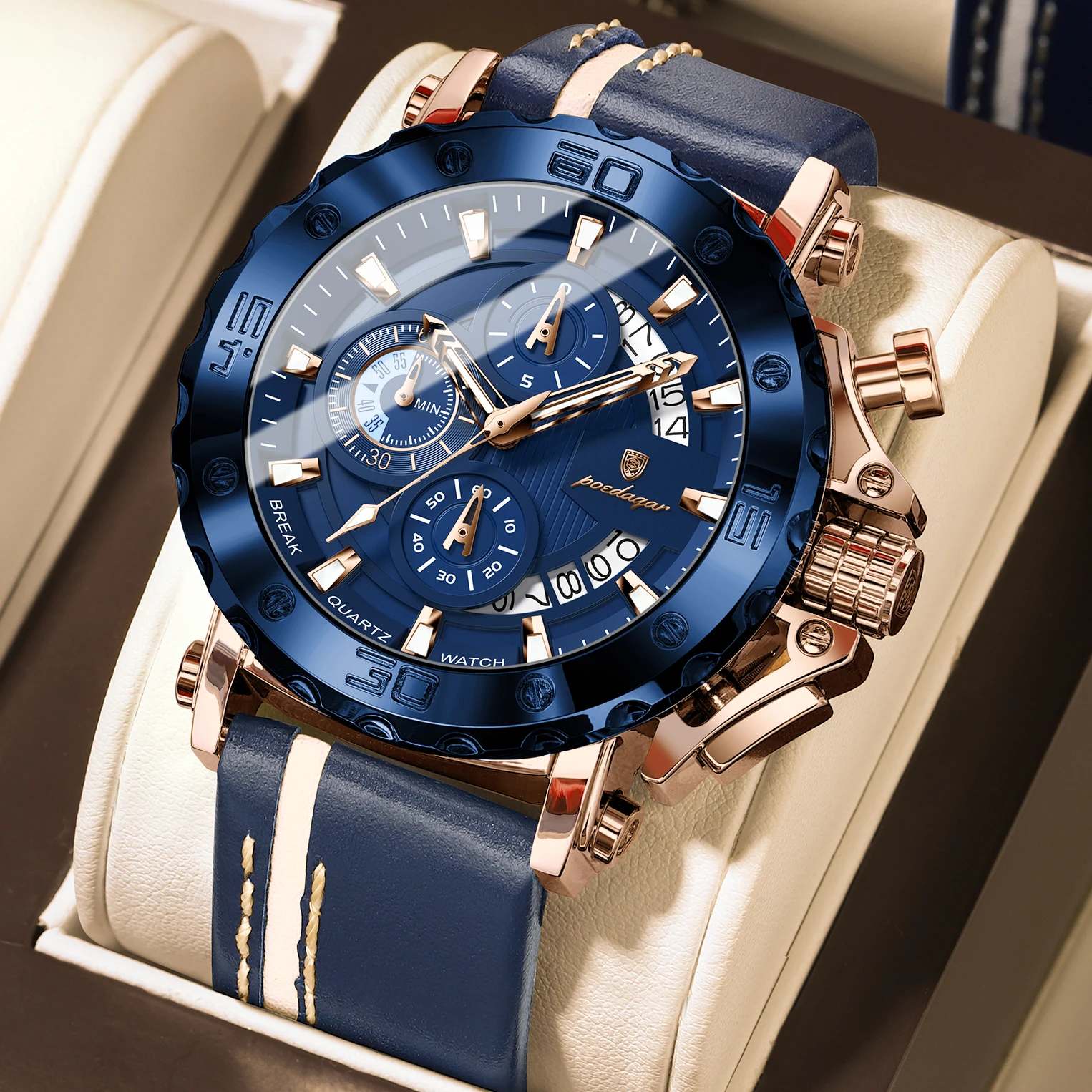 POEDAGAR Original Watches For Man Waterproof Luminous Date Fashion Male Clock Chronograph Leather Quartz Sports Men's Wristwatch image 2