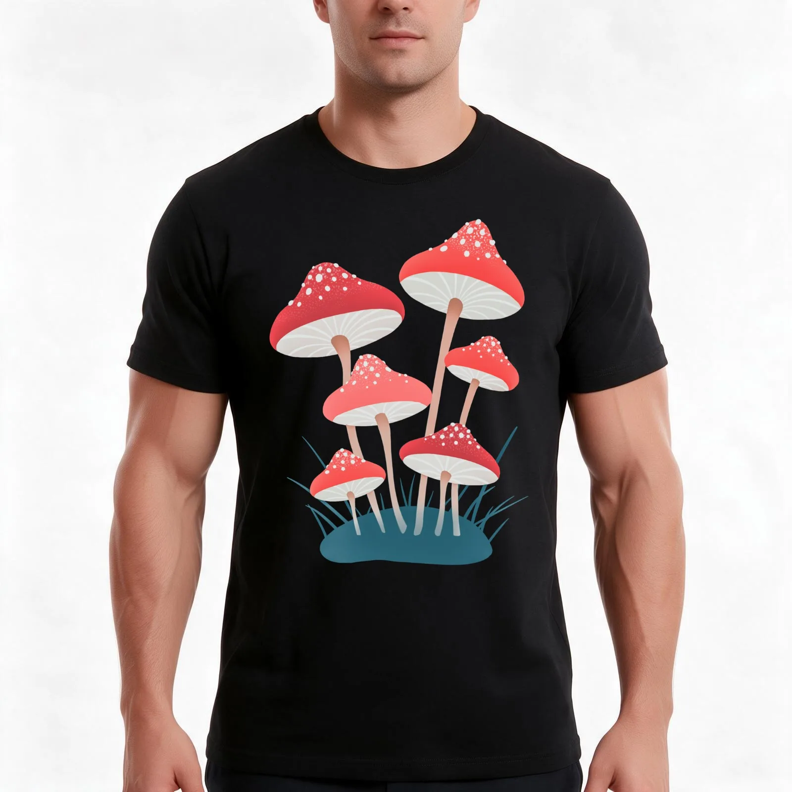 Red Toadstools T-Shirt, Summer Casual Cotton Tee, Oversized Streetwear Tops, Vintage Graphic Print, Loose Fit Short Sleeve