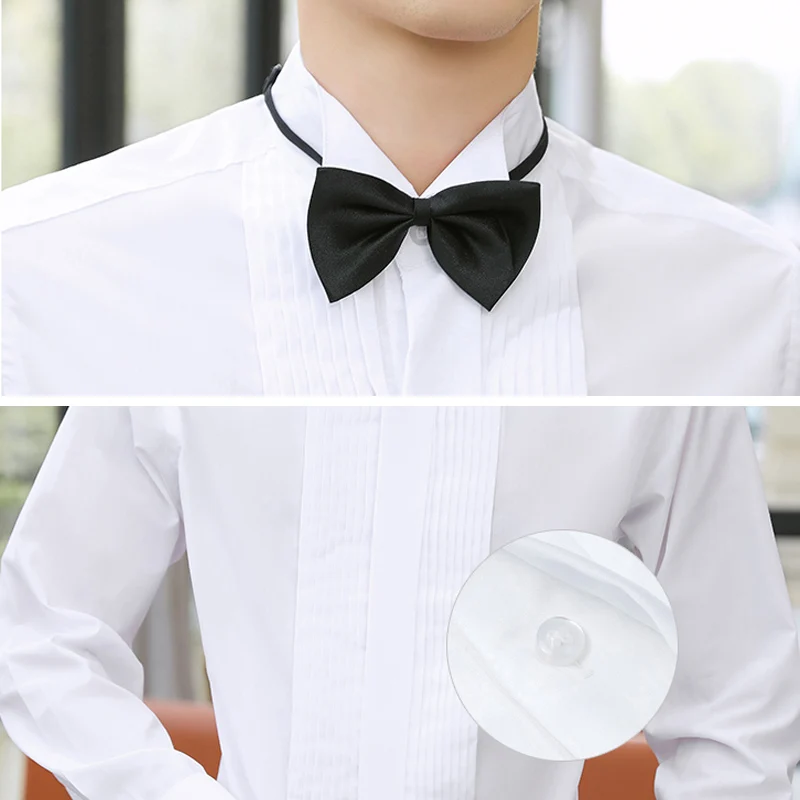 Classic Winged Collar White Dress Shirt For Mens Wingtip Tuxedo Formal Shirts Black Bow Tie Party Dinner Wedding Bridegroom Tops