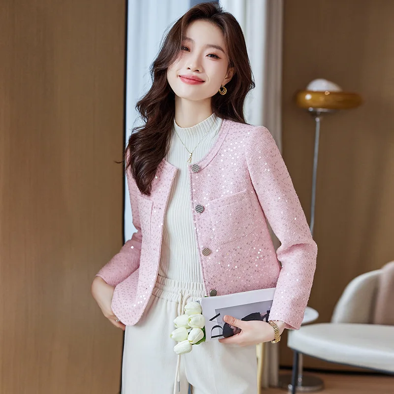 

Pink Slim Fit Suit Jaet Women's Faion ort Sle Commute Wind Long Sve Single Button Closure Pure Color Polyester