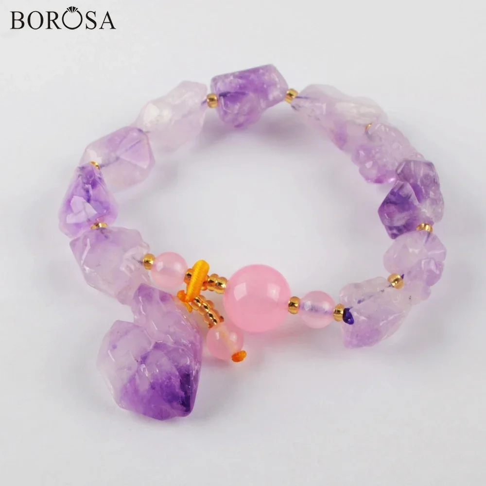 

BOROSA Natural Amethysts Freeform Rough Purple Crystal Quartz Beads Bracelet Jewelry New Arrival Charm Bracelet for Women