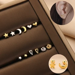Tiny Minimalist Gold and Silver Color Star Moon Stud Earrings for Women Student Korean Fashion Hypoallergenic Jewelry Gift 2024