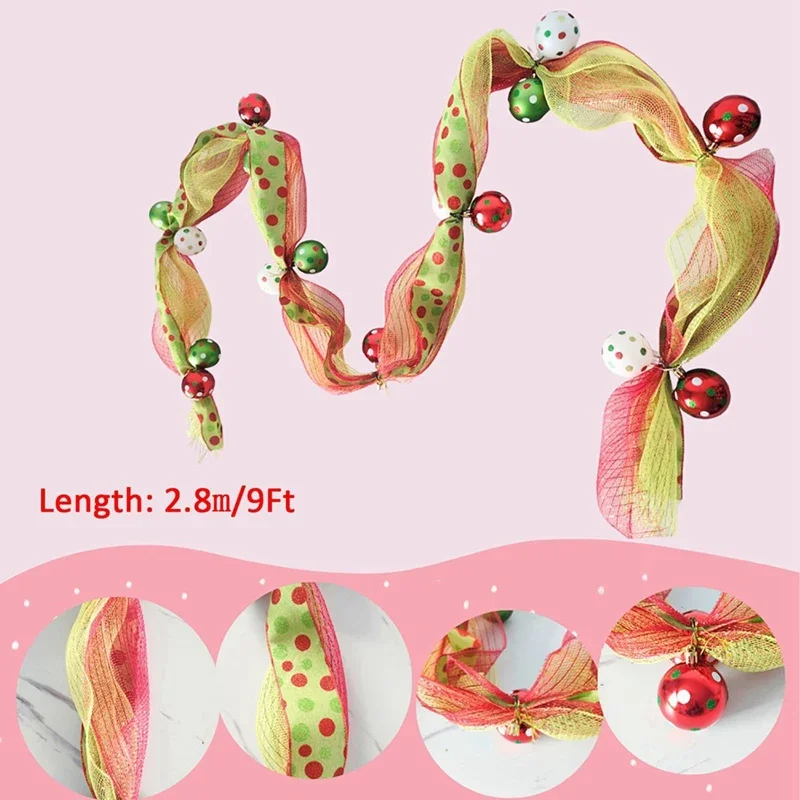 9Ft شجرة عيد الميلاد الديكور شبكة الشريط مع الكرة البيضاء الخضراء DIY بها بنفسك شجرة عيد الميلاد الديكور التفاف الشريط ديكور الزفاف