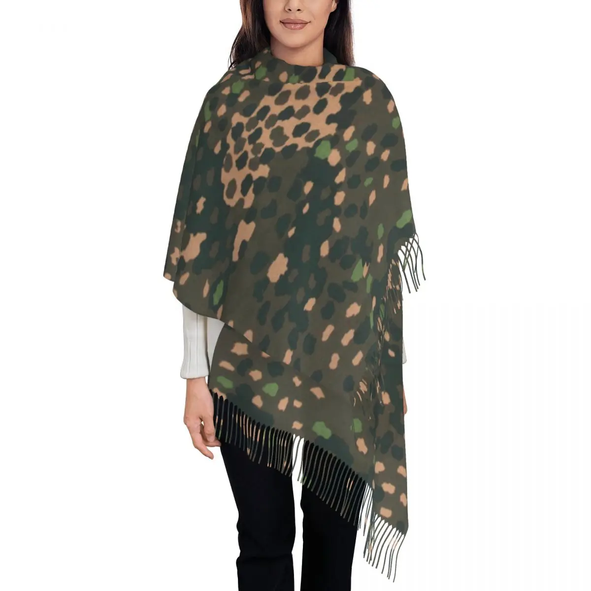 Stylish Pea Dot Camo Army Tassel Scarf Women Winter Warm Shawls Wraps Ladies German Camouflage Scarves