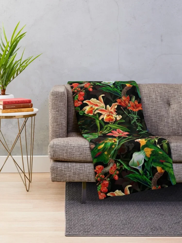 Pierre Joseph Redoute tropical vintage jungle flowers and parrots nostalgic mystic Botanical Night Garden pattern Throw Blanket