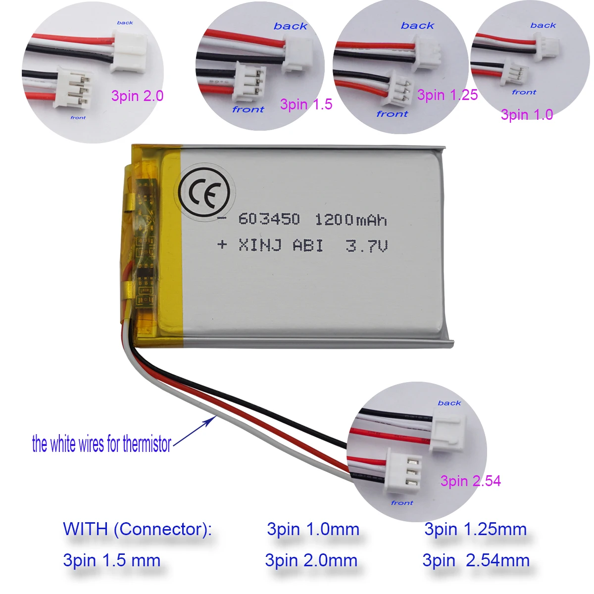 3.7V 1200 mAh 603450 polimerowa bateria Lipo termistor 3 przewody JST 3pin 1.0/1.25/1.5/2.0/2.54mm dla Sat Nav Camera Music Player