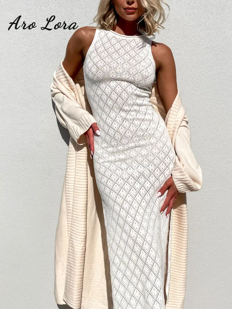 Sexy Hollow Out Knitted Split Dress For Women 2023 Summer Beach Cover Up Maxi Dress Women\'s Sleeveless Elegant Bodycon Vestidos