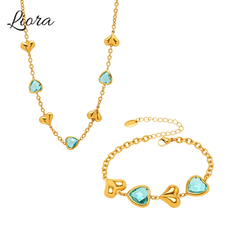 

Liora Glossy Heart Glass Necklace Bracelet Set For Women Stainless Steel Chain Women Wedding Jewelry Engagement Gifts