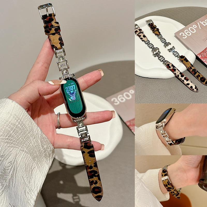 

Metal Diamond Bracelet for Xiaomi Mi Band 8Pro 9 8 7 6 5 7Pro Women Leopard Leather Strap for Redmi Watch 4 3 2 Smart Wristbands