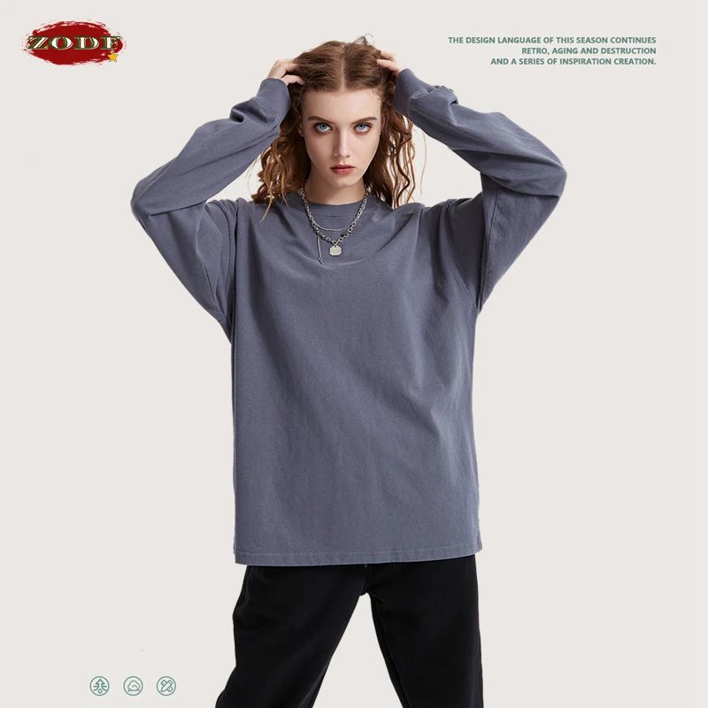 ZODF 2022 Retro Autumn Full Sleeve Washed 100% Cotton T-Shirts For Men Unisex Solid Casual Loose 310gsm Tee Brand Tops HY0405