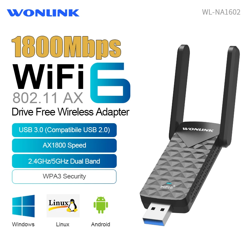 

Wonlink Driver-free 1800Mbps WIFI Repeater USB3.0 WIFI6 Wifi Reciver 2.4G+5.8G Dual-band Wi-fi Dongle Win 10/11 Linux Andriod