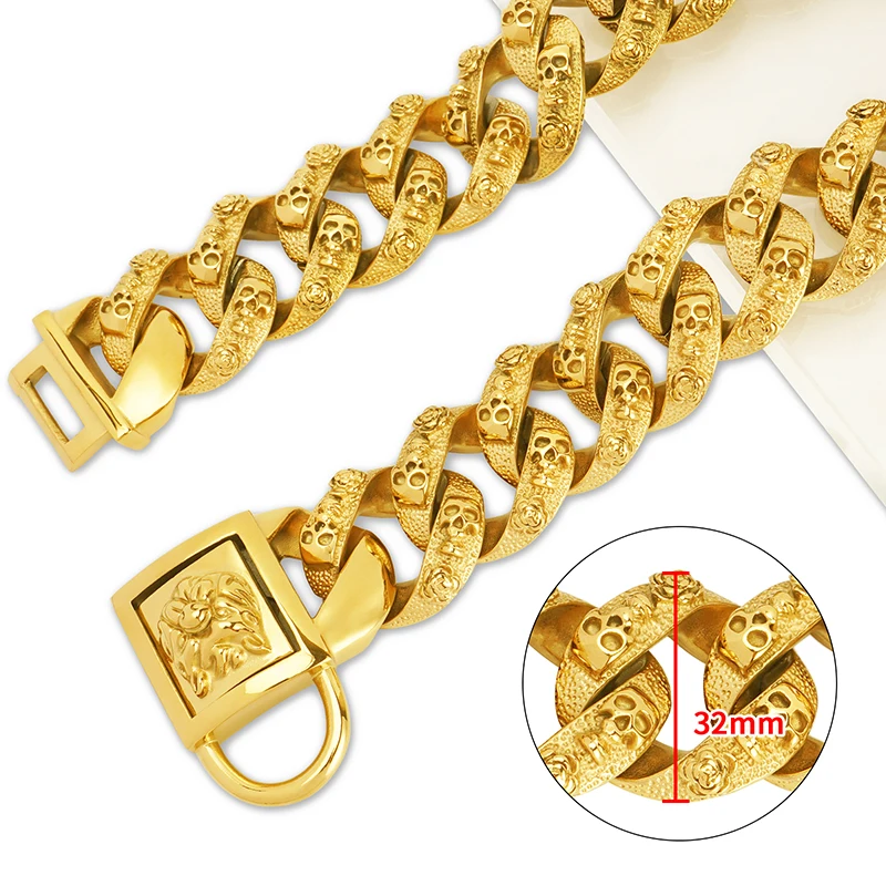 Stainless Steel Skull Strong Gold Dog Chains Collar 32mm Dogs Link Chain for Large Dogs Walking Traning Metal Necklace Collar