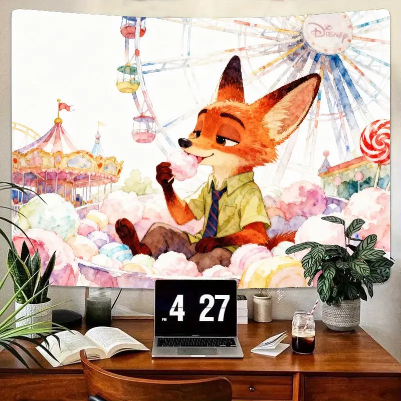 

1 шт., акварельный карнавальный гобелен Disney Zootopia Nick Wilde, сладкие хлопчатобумажные конфеты, настенный художественный декор для спальни, гостиной, милый подарок
