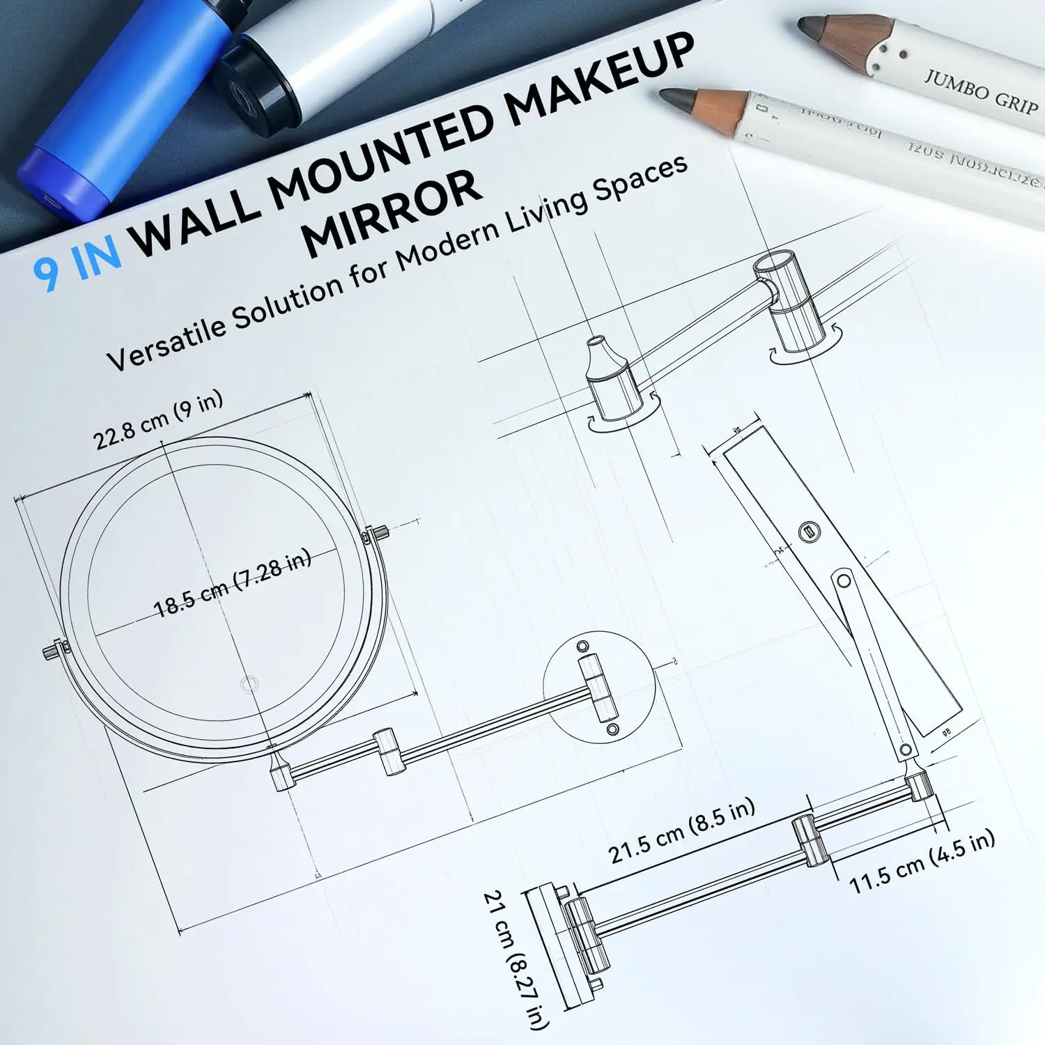 Specchio per trucco da parete da 9'' con luce, ingrandimento 30X/1X, batteria ricaricabile da 5000 mAh, touch dimmerabile 3 colori