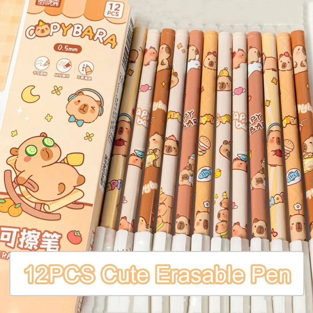 

12PCS INS Cute Capybara Erasable Pen Aesthetic Kawaii Panda Erasable Pen Blue Ink 0.5mm Student Gel Pen Writing Accessories