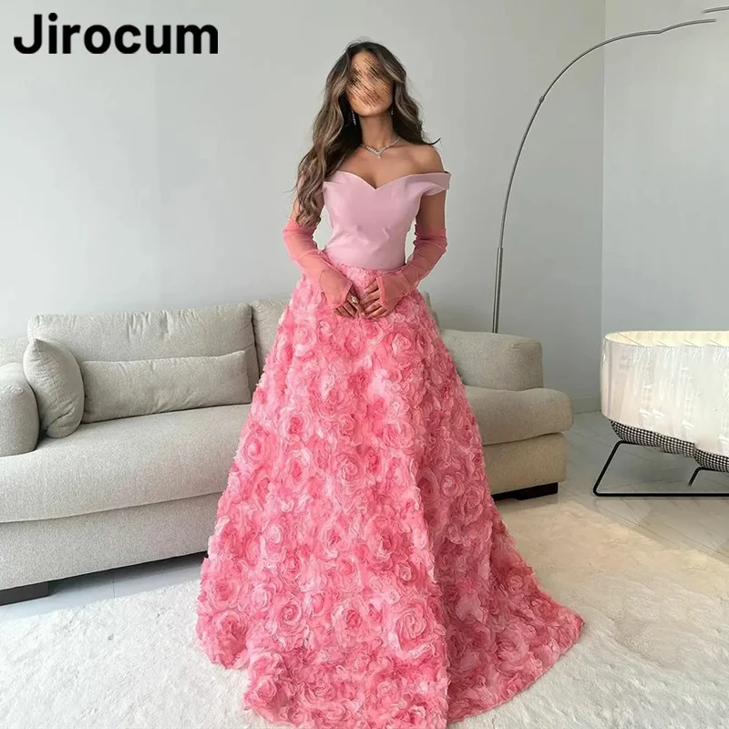 

Jirocum Pink Off Shoulder Prom Gowns Women A Line Floral Party Evening Gown Floor Length Long Sleeve Formal Occasion Dress 2025