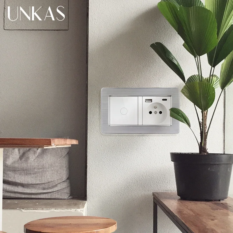 UNKAS Edelstahl Panel EU Buchse Glas Touch Licht Schalter Weiß DIY Freie Kombination Einzelnen Feuer Linie Tuya Smart Wifi