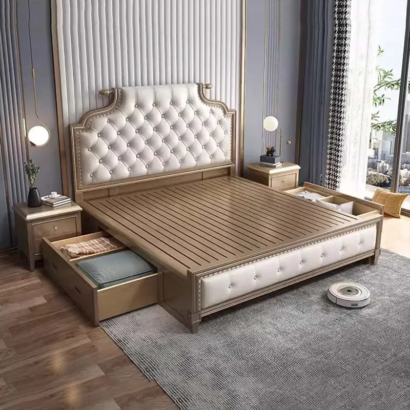 Space Saving Couple Bed European Aesthetic Multifunctional Storage Bed Queen Size Wood Cama De Casal Luxuosa Home Furniture