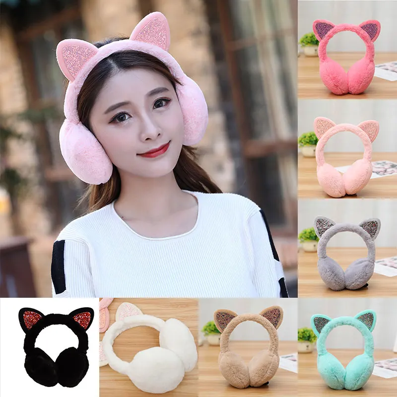 1 PC Warm Sequin Earmuffs Women Girls Cat Rabbit Fox Animal Ears Warmer Cute Winter Outdoor Cycling Fluffy Earflap Headband