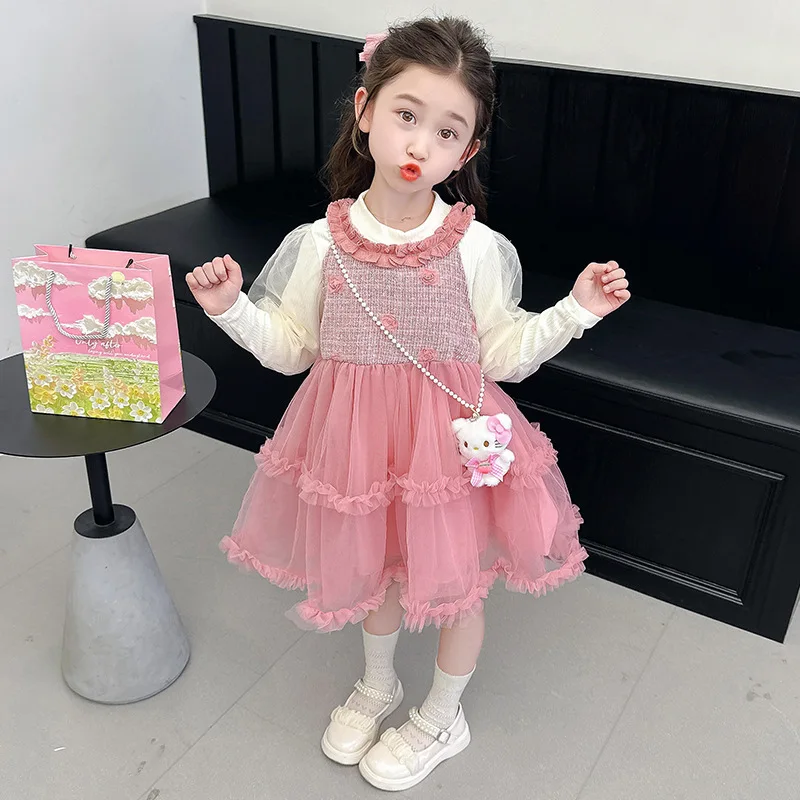 

Anime Hello Kitty Girls Dress Floral Knitted Long Sleeve Gauze Kids Princess Dress Spring Fall Pink Dress Birthday Party Dress
