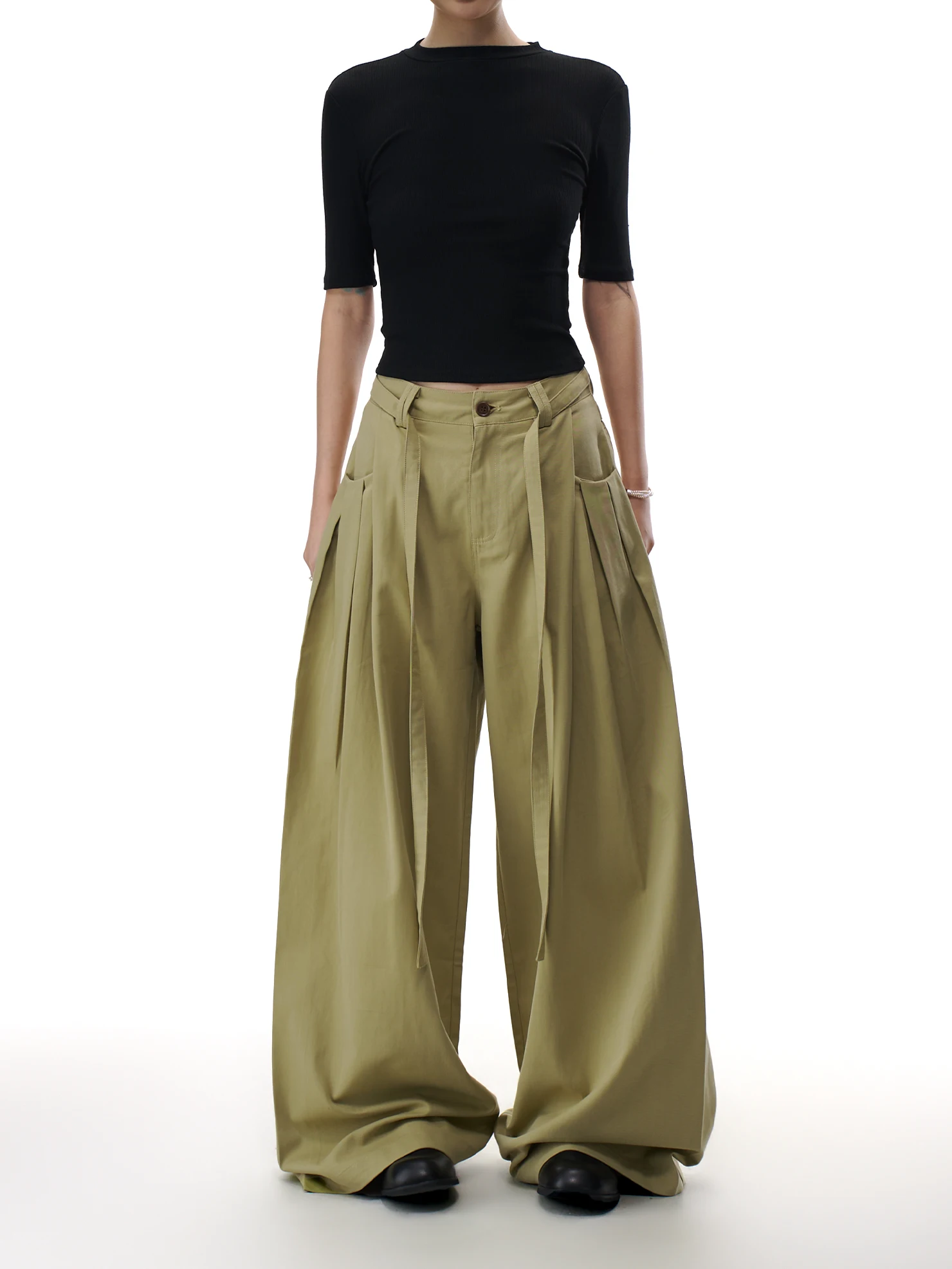 

Женские повседневные брюки цвета хаки, свободные, широкие, с плиссировкой, прямого кроя, весенняя новинка, модные, стройнящие